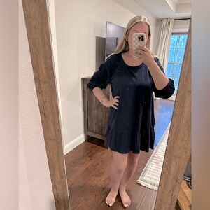 Time and tru navy eyelet sleeve tiered ruffle dress